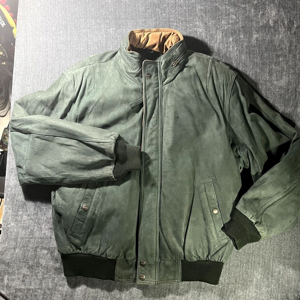 VTG Mirage Suede Leather Bomber Jacket Mens L Leather Plaid Lined Hidden Hood